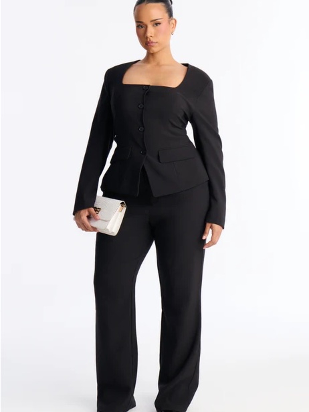 Black Tailored Square-Neck Blazer & Wide-Leg Pants Set